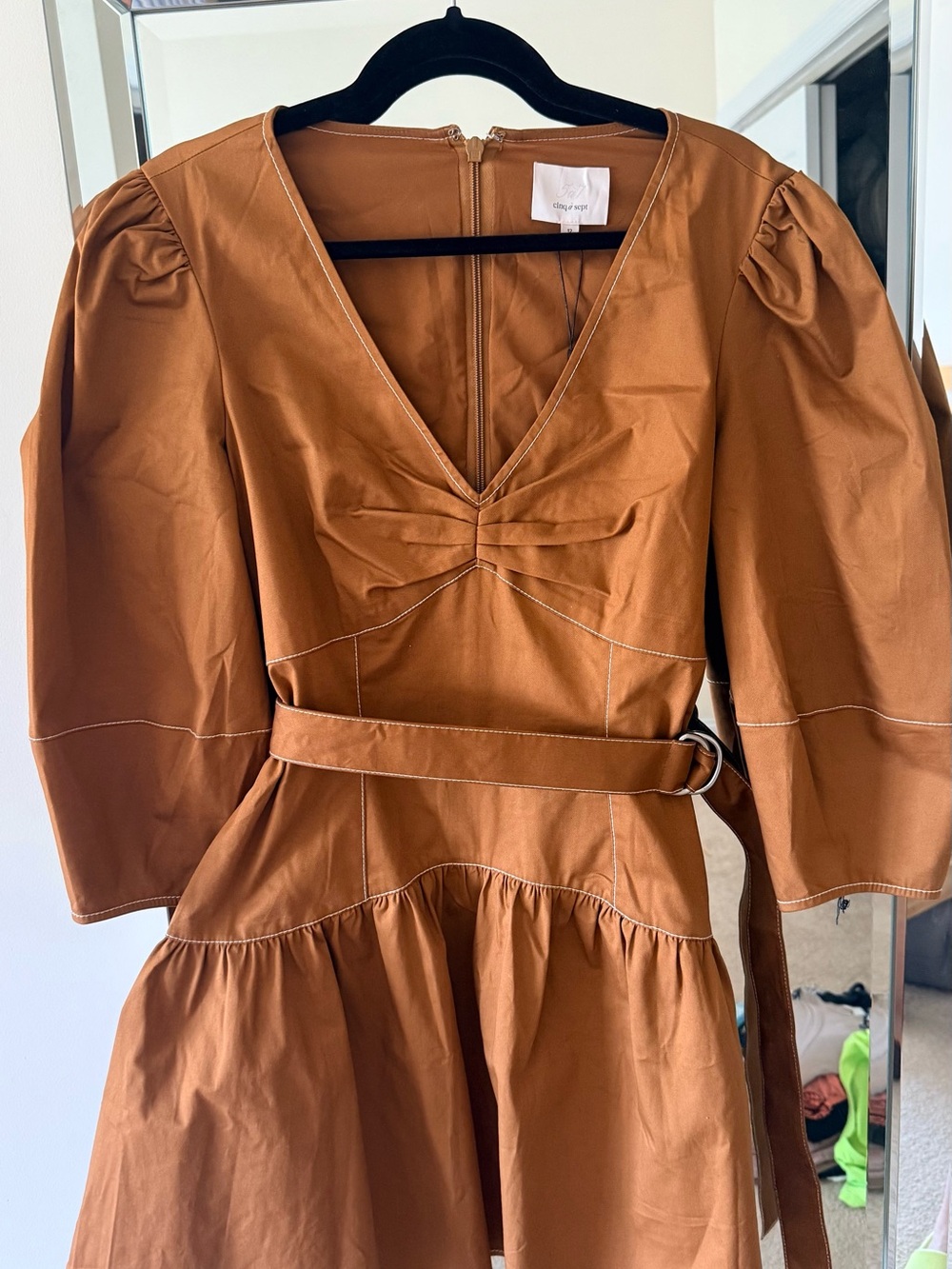 cinq a sept Cognac Puff-Sleeve V-Neck Belted Midi Dress